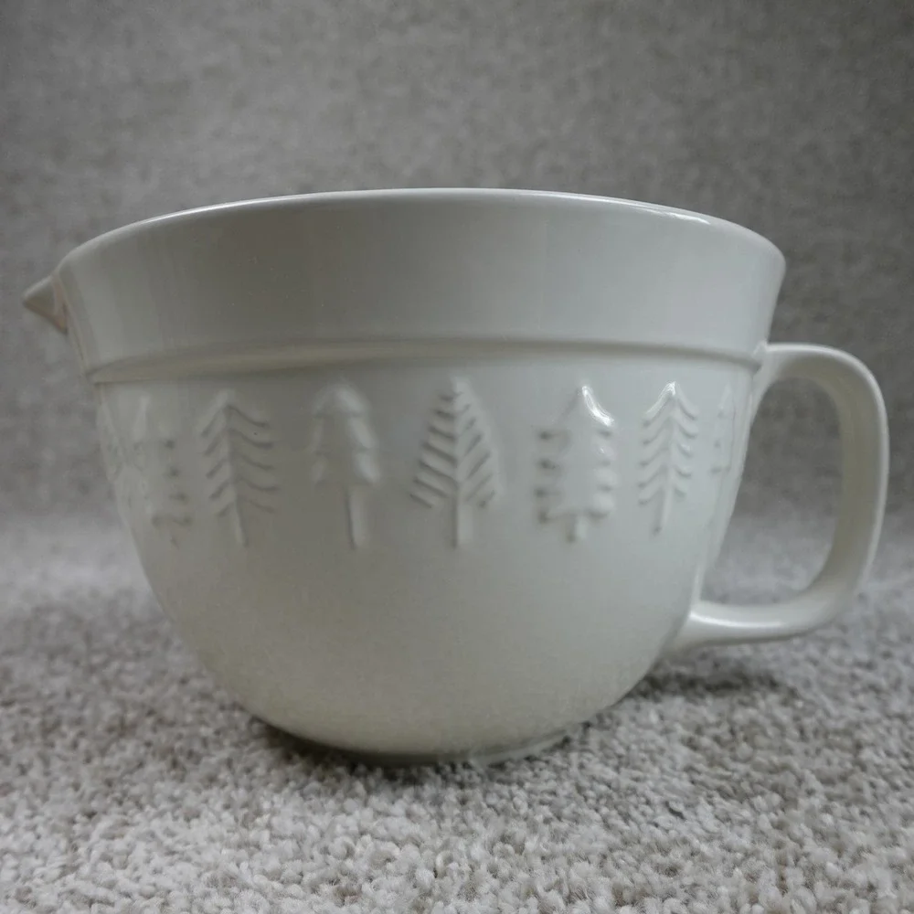 The Bake Shop Cream Ceramic Mixing Bowl Embossed Pine Trees Pour Spout Handle